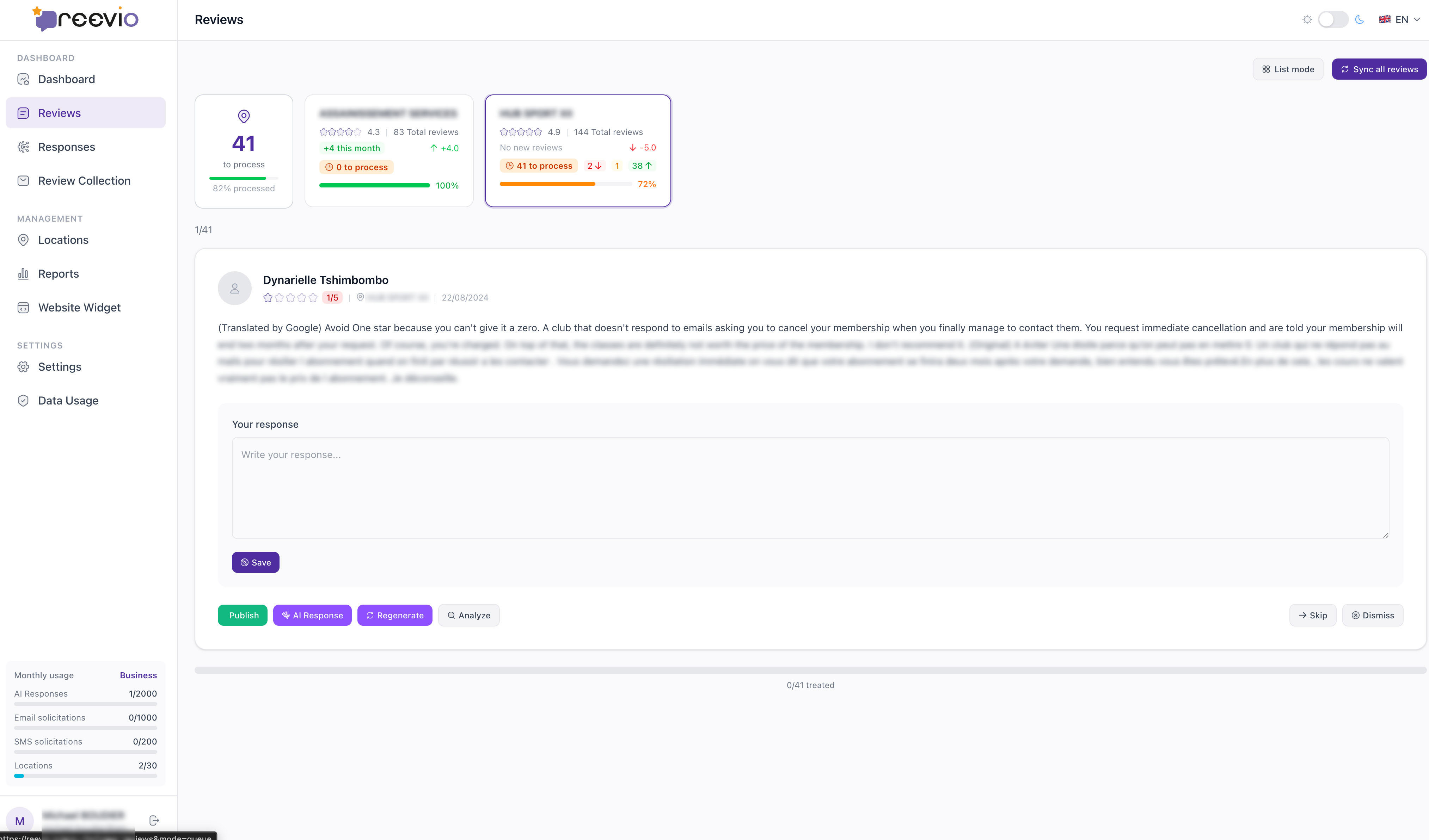 Liste des avis Google avec filtres et statuts de r&eacute;ponse